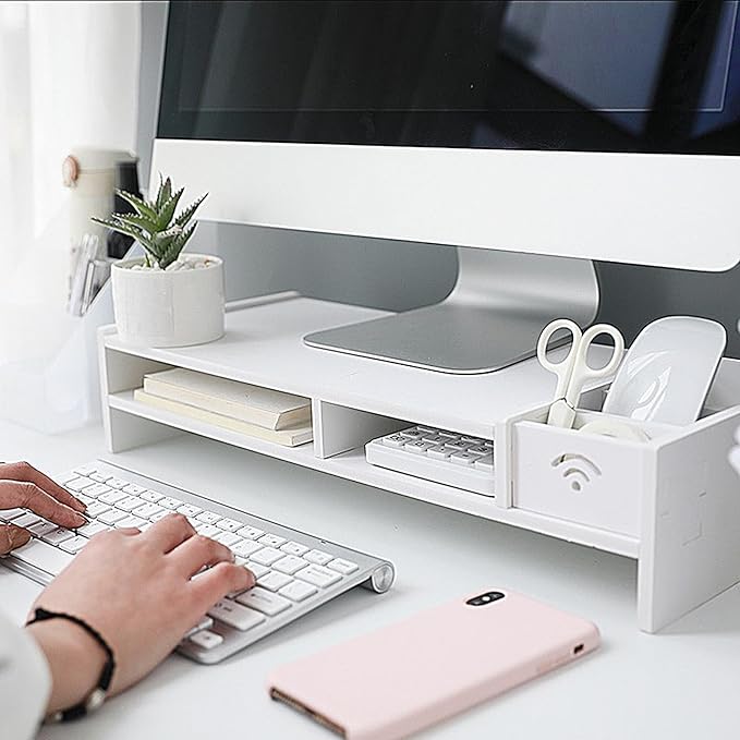 Monitor Riser - 3-Tier Desk Organizer Shelf For Office Supplies | Sturdy Wood Display Stand With Storage Compartments, Desktop Shelf For Reading, Study, Working, Gaming, And Home Workstations