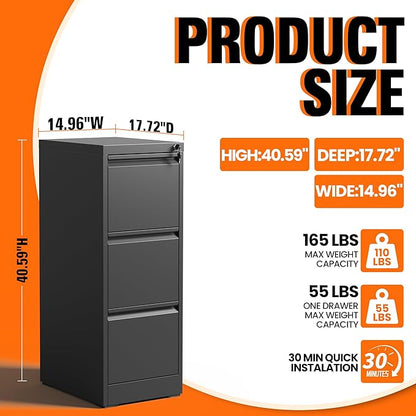 3-Drawer Locking Vertical File Cabinet, Metal Storage Cabinet for Office/Home – Secure Vertical Filing for Letter/Legal/A4/F4 Documents, Easy to Assemble Steel Cabinet, Black (Black, 3 Drawer-40"H)