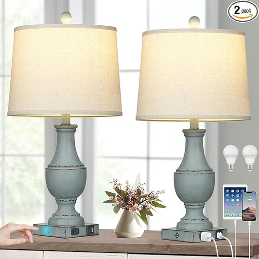 Farmhouse Table Lamps Set of 2, Rustic Touch Control Bedside Lamps with 2 USB Ports & AC Outlet, Vintage 3-Way Dimmable Nightstand Lamp Linen Fabric Shade for Living Room Bedroom End Table Decor