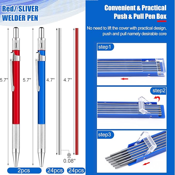 2 Pcs Welders Pencil with 48 PCS Round Refills Mechanical Pencils Metal Welding Marker for Tube Pipe Fitter Welder Steel Construction Woodworking (Red, Silver)
