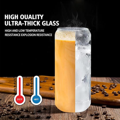Glass Cups with Lids and Straws Set of 2 - Iced Coffee Cups with Lids for Cold Brew and Beer, 20 oz Can Shaped Glass with Bamboo Lids and Straws - Aesthetic Coffee Bar Gift for Coffee Lovers