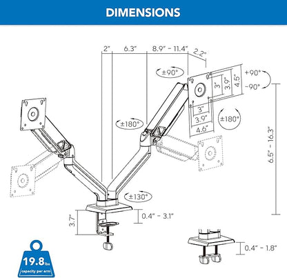 Mount-It! Full Motion Dual Monitor Mount with Spring Arms, 17" to 32", Full Motion Monitor Arm with Tilt, Rotation, Swivel, Height Adjustment, Clamp or Grommet, Fits VESA 75x75 and 100x100 - Black