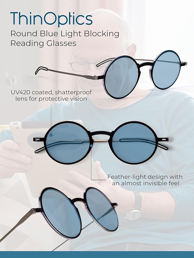 Always With You ThinOptics Blue Light Blocking Reading Glasses for Computers & Screens - Ultra Lightweight and Durable
