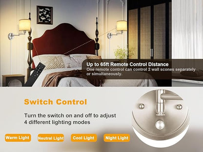 Plug in Wall Sconces with Remote Control, Dimming & Adjustable Colors 2700K-6500K, Hardwire or Plug-in, Swing Arm Wall Lamp with Linen Fabric Shade, Wall Sconces Set of Two, Brushed Nickel Finish