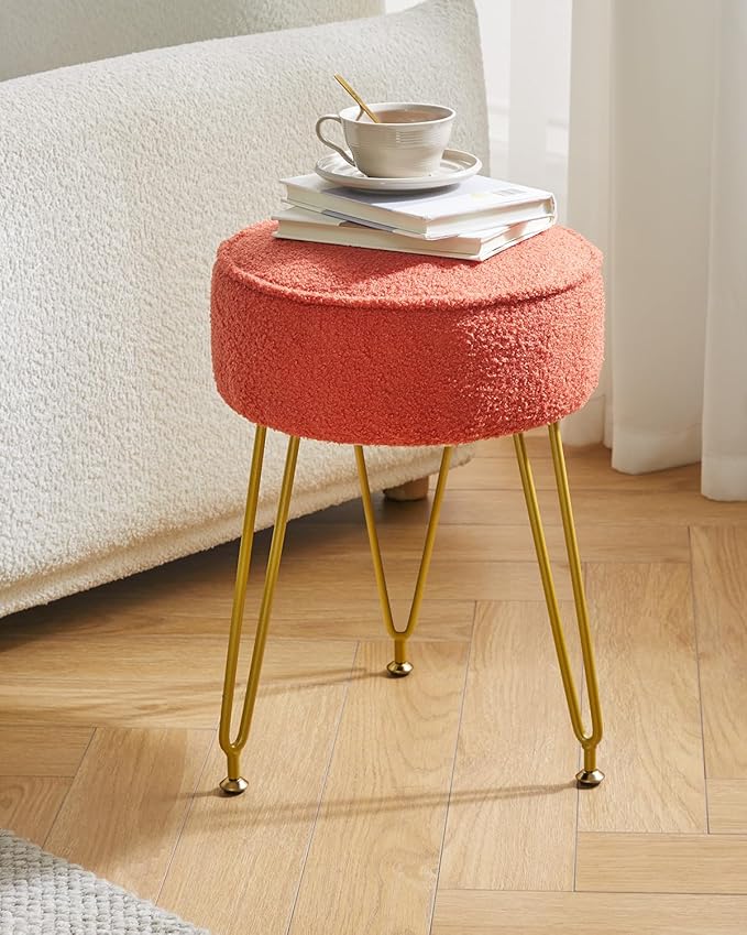 IBUYKE Teddy Velvet Round Footrest Stool Ottoman, Makeup Vanity Stool Side Table, Velvet Dressing Table Seat, Pouf Couch Stool, for Living Room Bedroom, Orange WBD009J