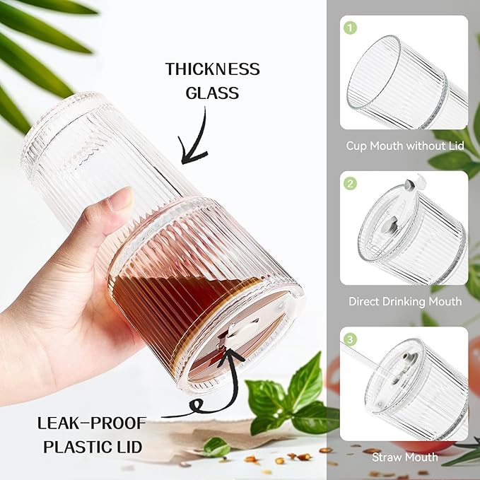 TUZAZO 20 Oz Glass Tumblers with Lids and Straws - 2 Pack Ribbed Glass Iced Coffee Cup with Straw and Lid, Thicken Glasses, Ideal for Smoothieds, Cocktails, and Juices