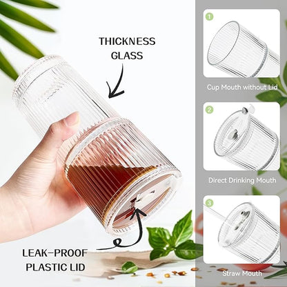 TUZAZO 20 Oz Glass Tumblers with Lids and Straws - 2 Pack Ribbed Glass Iced Coffee Cup with Straw and Lid, Thicken Glasses, Ideal for Smoothieds, Cocktails, and Juices