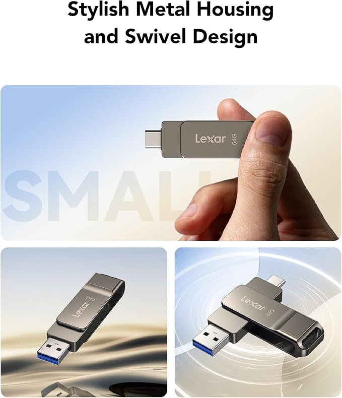 Lexar D40E 64GB Dual USB 3.2 Gen 1 Type-C Jump Drive, USB-C Flash Metal Housing Swivel Design Thumb Drive (Titanium Grey)