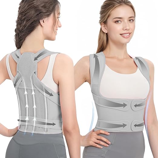 Posture Corrector for Women & Men – Full Back Support Adjustable Back Brace, Shoulder Straightener for Spine Alignment, Upper Back & Back Pain Relief(Grey, Medium)