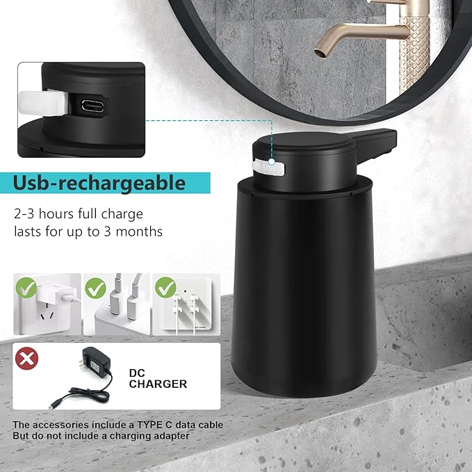 Automatic Soap Dispenser Liquid Touchless: 9oz Plastic Black 3-Level Adjustable Modern Rechargeable Electric Smart Auto Soap Dispenser - Bathroom Kitchen Hand Dish Lotion