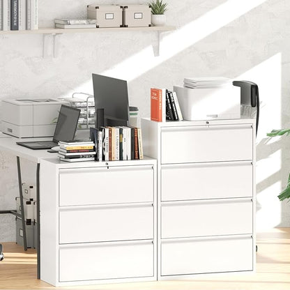 Greenvelly 4 Drawer File Cabinet with Lock, Lateral Filing Cabinets for Home Office, Lockable Metal Lateral File Cabinet, Wide Office File Cabinets with Hanging Files&Key for Letter/Legal/F4/A4