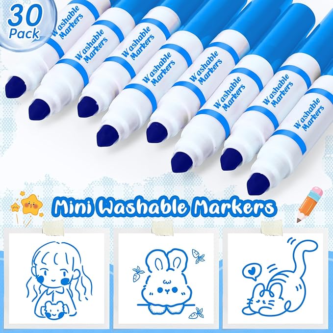 Janlaugh 30 Pcs Mini Washable Markers Bulk Broad Line Conical Tip Washable Mark Pen Set Short Coloring Paint Pen for Art Projects Teacher Party Favors Classroom(Blue)