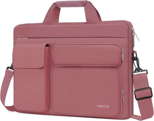 MOSISO Laptop Shoulder Bag 15.6 inch, 15-15.6 inch Computer Bag Compatible with MacBook Pro 16 inch, HP, Dell, Lenovo, Notebook with 2 Raised&1 Flapover&1 Horizontal Pocket&Handle&Belt, Dusty Rose