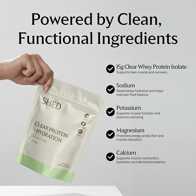 Clear Protein Powder with Electrolytes by Shed, 15g Whey Protein Isolate, Low Calorie and Lactose Free, Light and Clean Hydration Drink, Bloat-Free Post Workout Supplement, Variety Pack (15 Servings)
