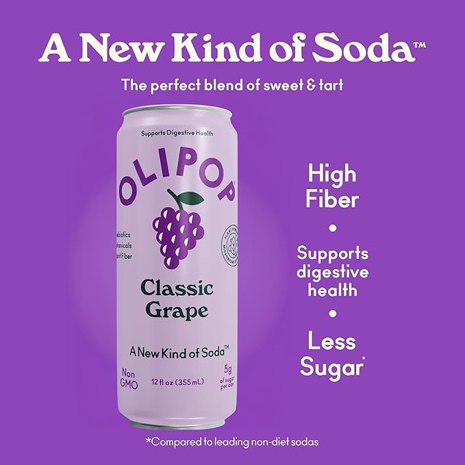 OLIPOP Prebiotic Soda Pop, Classic Grape, Pantry Pack Packed with Prebiotics, Fiber, and Botanicals, Gluten Free, Vegan, GMO Free, 12oz Skinny (12-Cans)