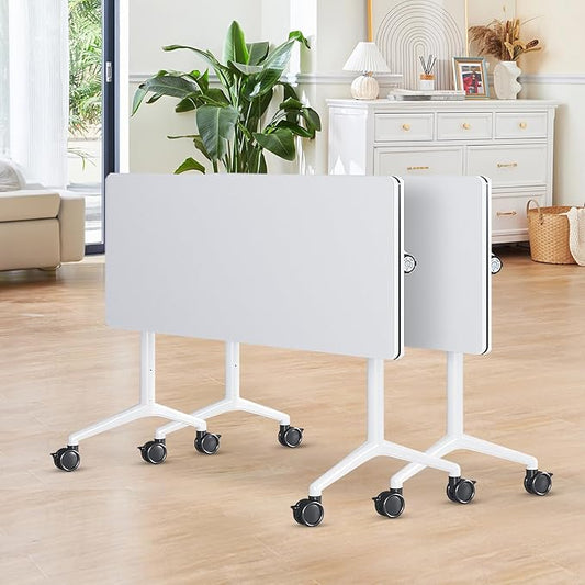 Conference Room Table, 55 Inch Folding Conference Tables with Wheels, Modern Office Meeting Table, Easy Flip & Nest Design, Rectangular Seminar Tables with Metal Frame for 2-24 People(A 2PCS)