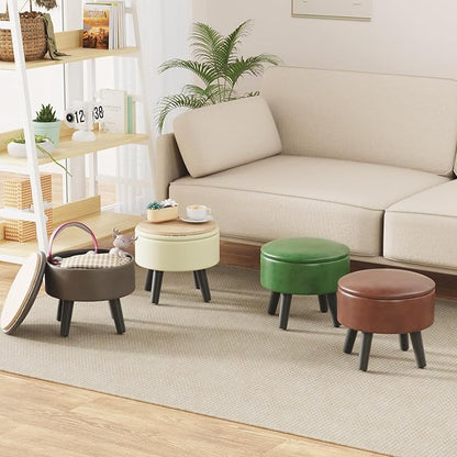 Small Foot Stool Ottoman with Storage, Faux Leather Ottoman Foot Rest for Couch, Round Footstool Ottomans for Living Room (Black)