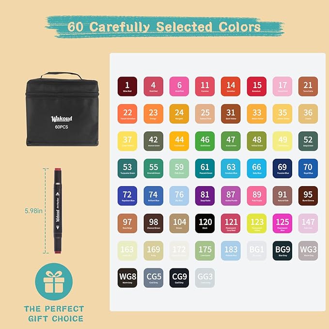 Alcohol Markers, 60 Colors Dual Tip Permanent Art Markers, Drawing Marker, Coloring Marker for Book Painting Card Making for Adults Kids.