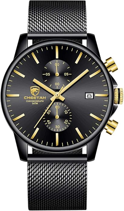GOLDEN HOUR Mens Watch Fashion Sleek Minimalist Quartz Analog Mesh Stainless Steel Waterproof Chronograph Watches for Men with Auto Date