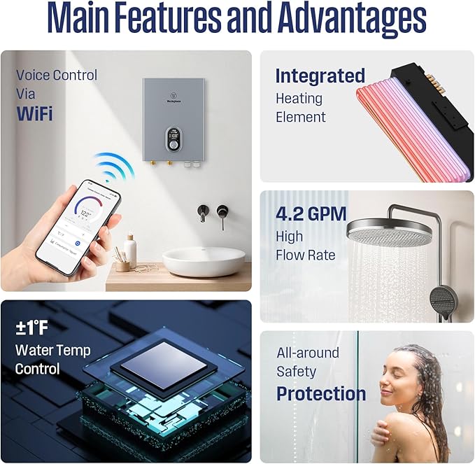 Westinghouse 18kW 240V Tankless Water Heater Electric, Up to 4.2 GPM, WiFi Control Compatible with Alexa & Google Home, ETL, IPX4, Apolo 2.0 Gray.