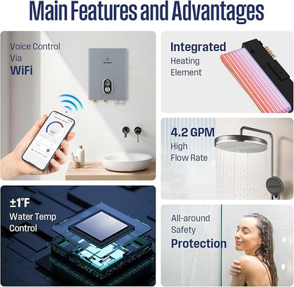 Westinghouse 18kW 240V Tankless Water Heater Electric, Up to 4.2 GPM, WiFi Control Compatible with Alexa & Google Home, ETL, IPX4, Apolo 2.0 Gray.