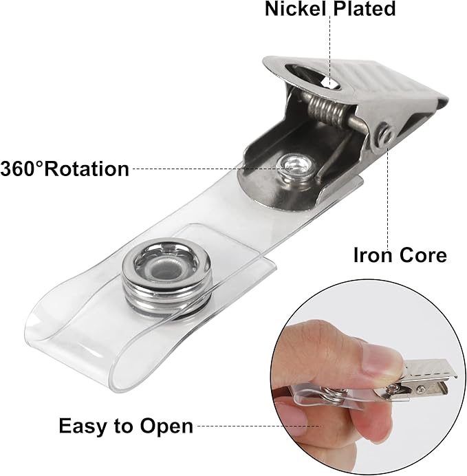 Happy Trees 50 Pcs Metal Badge Clips with Clear PVC Straps, ID Holder Clip for Badge Holders, Name Tags, ID Cards, Work Badges