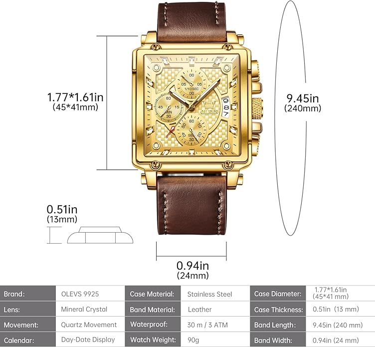 OLEVS Men's Chronograph Leather Watch, Big Face Easy to Read Analog Quartz Dress Watch, Casual Waterproof Luminous Hands Date Watches for Men, White/Blue/Black/Gold Dial