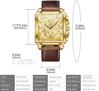 OLEVS Men's Chronograph Leather Watch, Big Face Easy to Read Analog Quartz Dress Watch, Casual Waterproof Luminous Hands Date Watches for Men, White/Blue/Black/Gold Dial