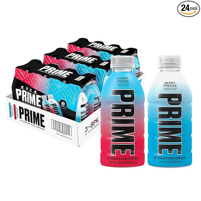 PRIME HYDRATION Duo - Blue Freeze & Cherry Freeze, Sports Drinks, Electrolyte Enhanced for Ultimate Hydration, 250mg BCAAs, B Vitamins, Antioxidants, Low Sugar, 12 Fl Oz (Pack of 24)