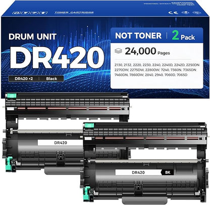 DR420 Drum Unit (Not Toner) 2-Pack Replacement for Brother DR-420 Imaging Drum Compatible HL-2270DW HL-2280DW HL-2230 MFC-7360N MFC-7860DW DCP-7065DN Intellifax 2840 2940 MFC-7240 HL-2240D Printer Ink