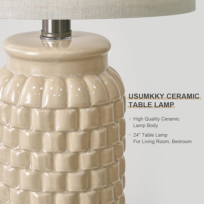 24" Modern Ceramic Bedside Lamp Set of 2 for Bedroom Decor Farmhouse Table Lamp for Living Room Office Dorm