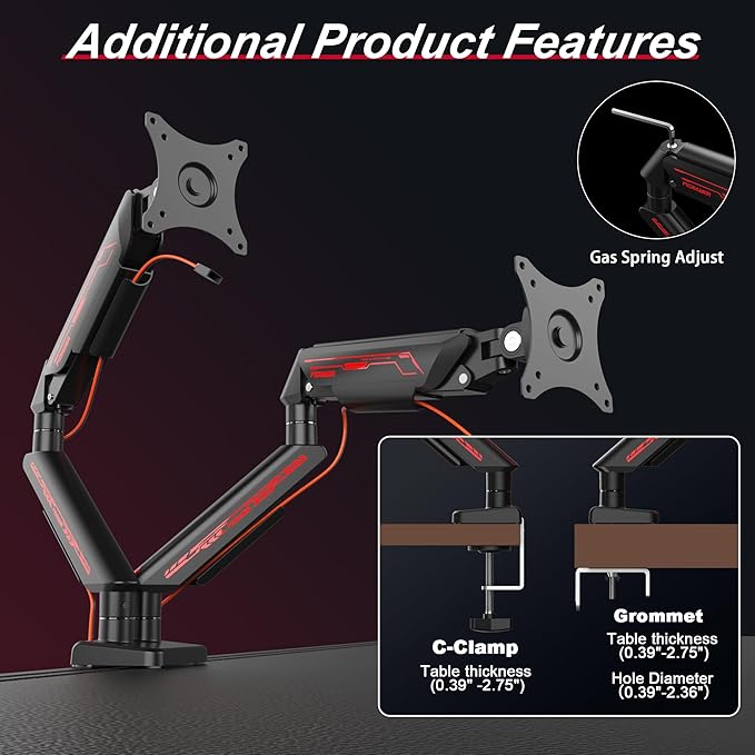 Monitor Arm, Gas Spring Monitor Stand for 17-35 Inch Screens up to 24.3 lbs, Adjustable Mount with C-Clamp & Grommet Base, Ergonomic Computer Mount (Dual Arm Black)