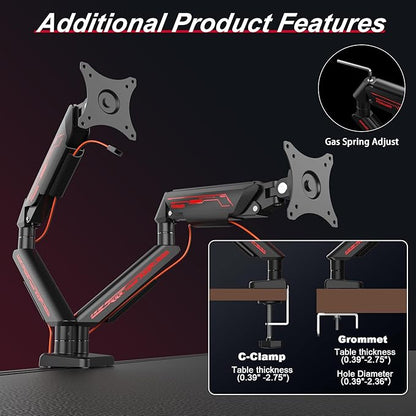 Monitor Arm, Gas Spring Monitor Stand for 17-35 Inch Screens up to 24.3 lbs, Adjustable Mount with C-Clamp & Grommet Base, Ergonomic Computer Mount (Dual Arm Black)