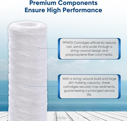 PUREPLUS 5 Micron 10"x2.5" Whole House String Wound Sediment Filter for Well Water, Replacement Cartridge for Universal 10 inch RO System, WP-5, Aqua-Pure AP110, CFS110, Culligan P5, WFPFC4002, 4Pack