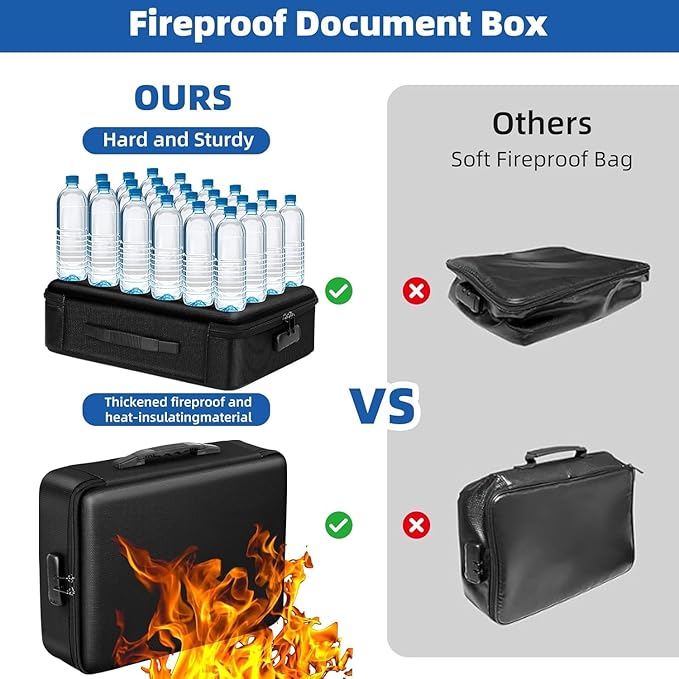 File Organizer, Hard Case Fireproof Document Box with Lock, Hard-Shell Important Document Organizer Safe Box Fireproof Waterproof, Home Office Supplies Storage and Organization (Black)