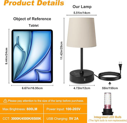 Ascher Small Bedside Table lamp, RGB Color Changing Lamps, 3 Color Temperatures, Dimmable Nightstand Lamp with USB C+A Ports, Touch Desk Lamp for Bedroom Living Room, H11.4in(Cream Shade)
