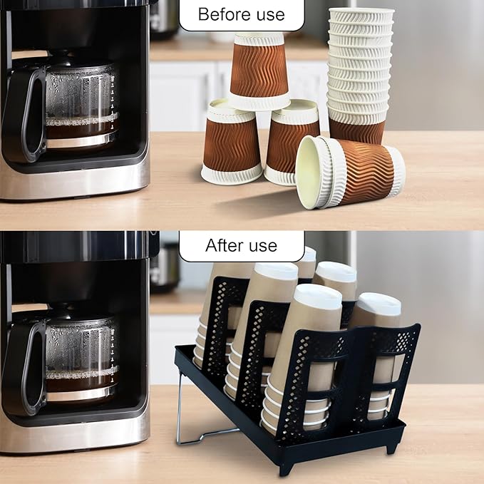 Coffee Cup Holder - Lid Rack Disposable Paper Cup Dispenser 6 Slot Countertop Cup Organizer for Coffee Station, Kitchen, Bar, Office, Restaurant
