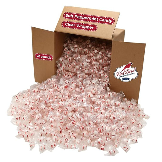 Red Bird Soft Peppermint Candy Mints, Bulk Candy Individually Wrapped, Clear Wrapper, 20 lb