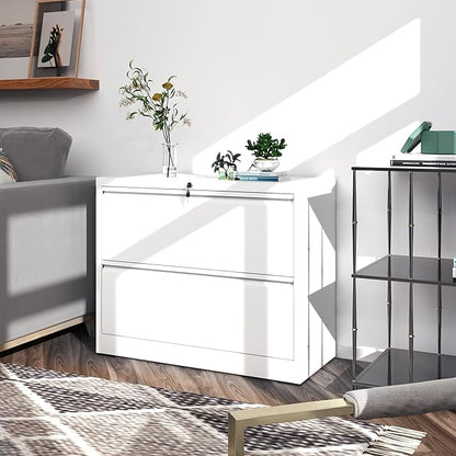 File Cabinets 2 Drawer, Metal Office Storage Filing Cabinet with Lock, White Lateral Filing Cabinet for Home Office,Horizontal Two Drawer File Cabinets for Legal/Letter,Assembly Require,White