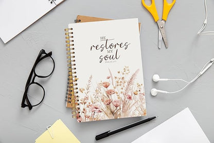 Christian Notebook for Women, Christian Art Gifts Journal, Prayer Journal for Women, Bible Journaling Notebook, PSALM 23:3 He Restores My Soul Floral Spiral Notebook 5.5x8.3