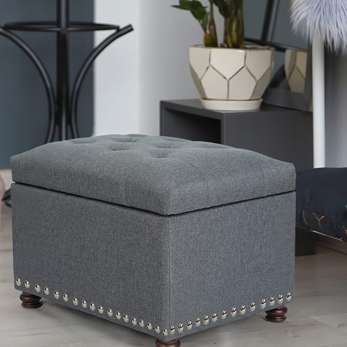 Adeco Classy Linen Blend Fabric Accents Rectangular Storage Bench Ottoman Footstool, Footrest Side Living Room Bedroom Coffee Table, 24x17.5x18, Grey
