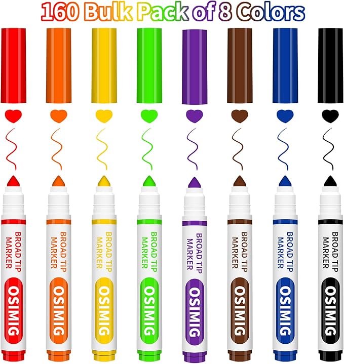 Washable Markers Bulk, 160 Count, 8 Assorted Colors, Coloring Markers for Kids, Broad Line Conical Tip, Back to School Supplies, Teacher Classroom Must Haves