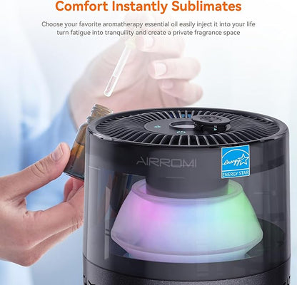 AIRROMI Air Purifiers for Bedroom Home,Up to 658 Ft²,Activated Carbon Filter Cleaner,With Fragrance Sponge for Better Sleep,Night Light,Pet Dander,Allergies,Smoke,Odor,Desktop Air Cleaner A2002 Grey
