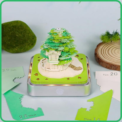 3D Memo Pad 2026 Time Piece Calendar Desk Calendar Tear Away Notepad with Lights DIY Art Carving Sticky Notes Artwork Gift for Thanksgiving Christmas Office Desktop Decoration-Green Treehouse