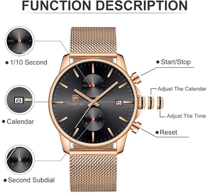GOLDEN HOUR Mens Watch Fashion Sleek Minimalist Quartz Analog Mesh Stainless Steel Waterproof Chronograph Watches for Men with Auto Date