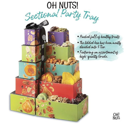 Oh! Nuts 5 Tier Gift Tower - 12 Assorted Dried Fruits and Nuts Gift Basket - Gourmet Healthy Snack Boxes for Holiday, Birthday, Thank You, Corporate Gifting, Parties & Family Celebrations