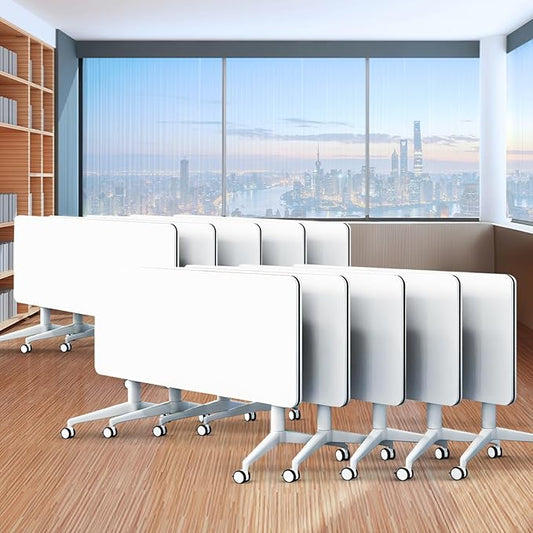 Folding Conference Table,Movable Conference Room Table with Wheels,White Wood Rectangular Conference Table with Modern Business Style,Modular Meeting Training Tables for Office Classroom(10,55.1'')