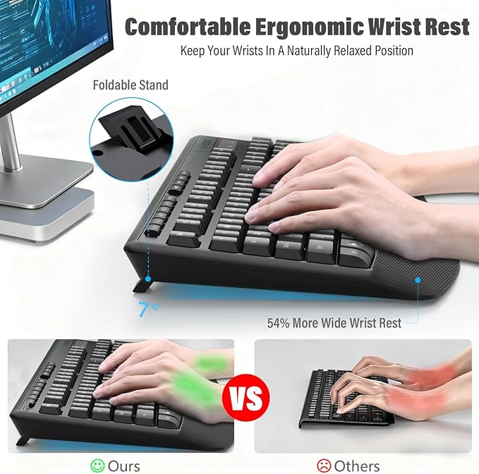 E-YOOSO Wireless Quiet Ergonomic Keyboard and Mouse Combo with Wrist Rest,Keycap Silent Design 90% Less Noise,2.4GHz 104 Keys Full Size,2400 DPI Mouse,for PC Computer/Laptop/Mac/Tablet,Black