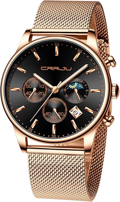 CRRJU Men's Fashion Casual Watches Auto Date Chronograph Watch Men Nice Work Watches Waterproof 30M Full Steel Quartz with Mesh Strap
