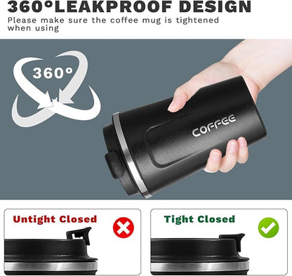 YINBAOGE Insulated Travel Coffee Mug, Spill & Leak Proof, Portable To Go Camping Stainless Steel Coffee Tumbler, Reusable Thermal Coffee Cup with Lid for Hot & Cold Drinks (2nd-Black, 17 OZ)
